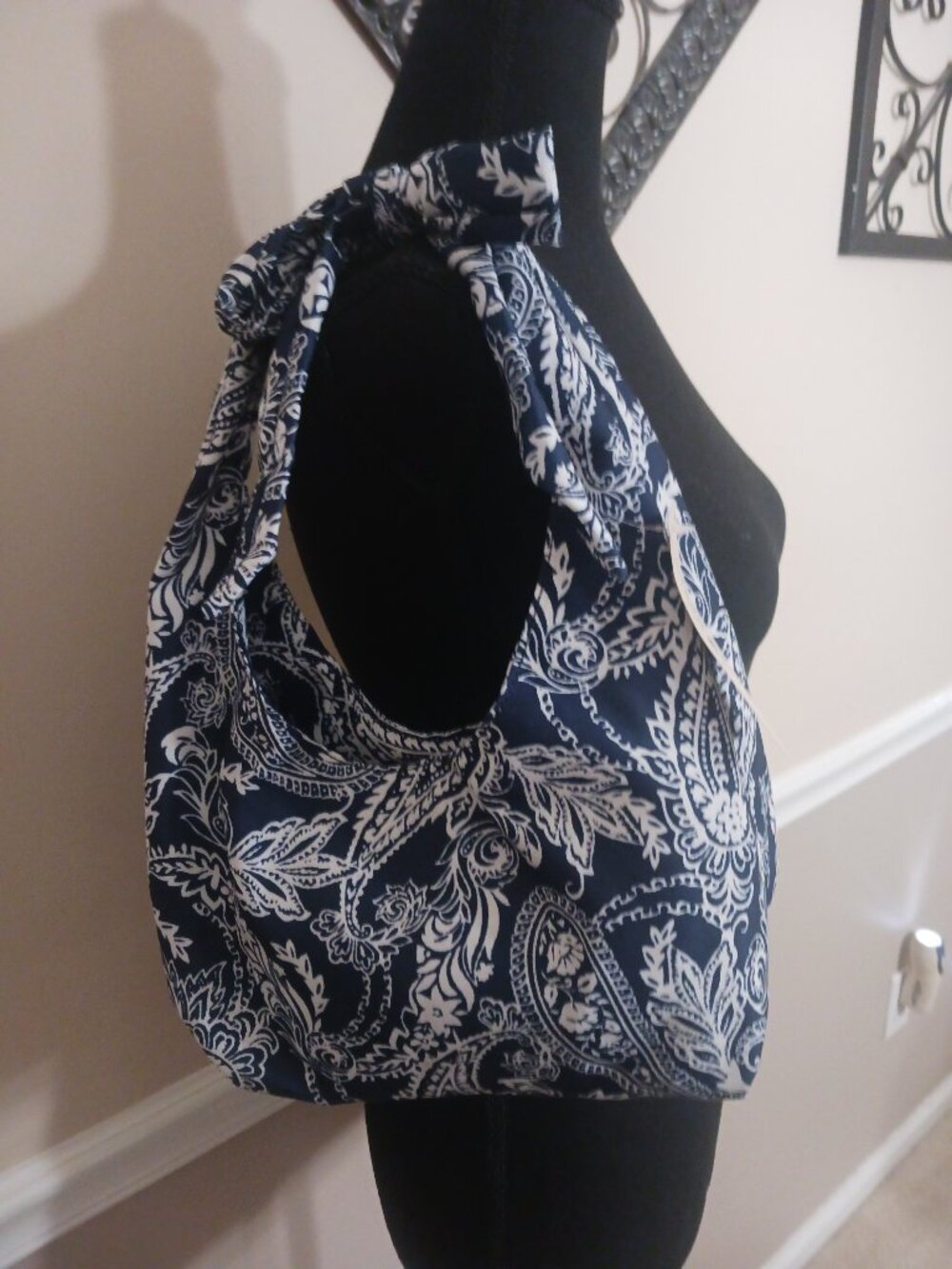 NWT Blue and White Tie Fabric Snap Closure Derek Heart Shoulder Purse